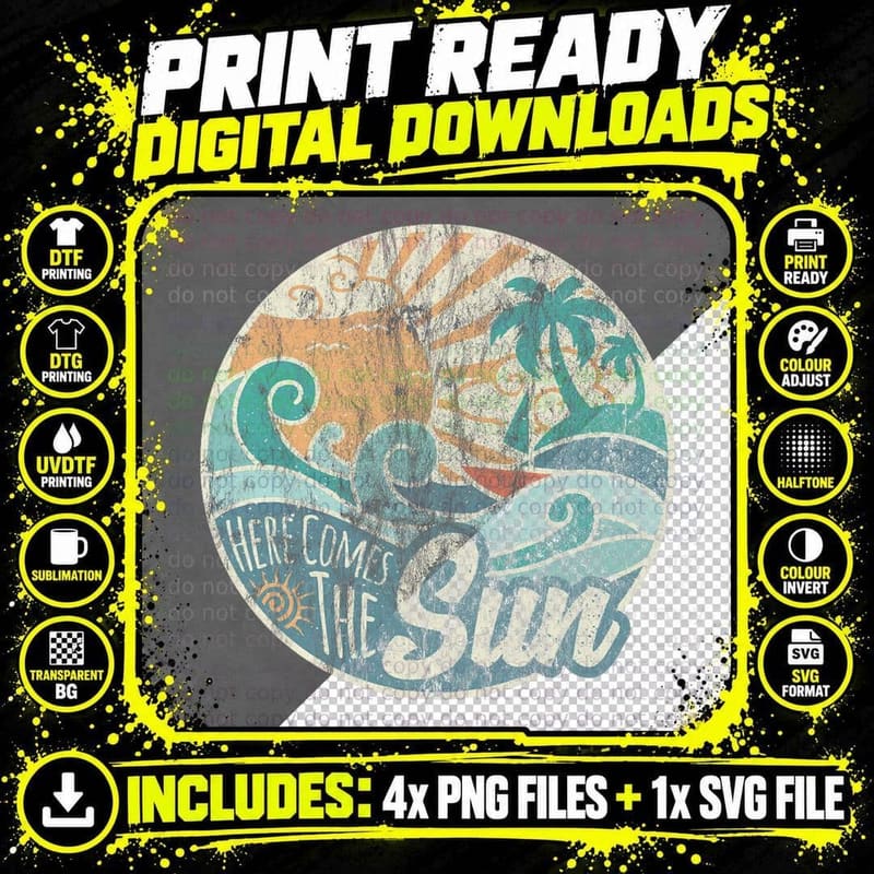 Here Comes the Sun Retro 60s Faded Summer T-Shirt Png SVG Digital Bundle