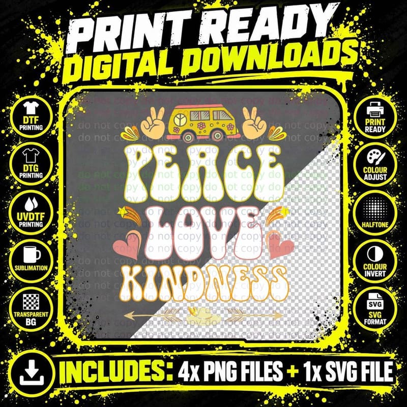 Hippie Hippies Peace Love Kindness Retro Costume Hippy Png SVG Digital Bundle