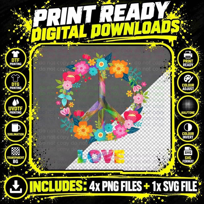 Hippie Peace Love Costume Tie Die 60s 70s T-Shirt Png SVG Digital Bundle