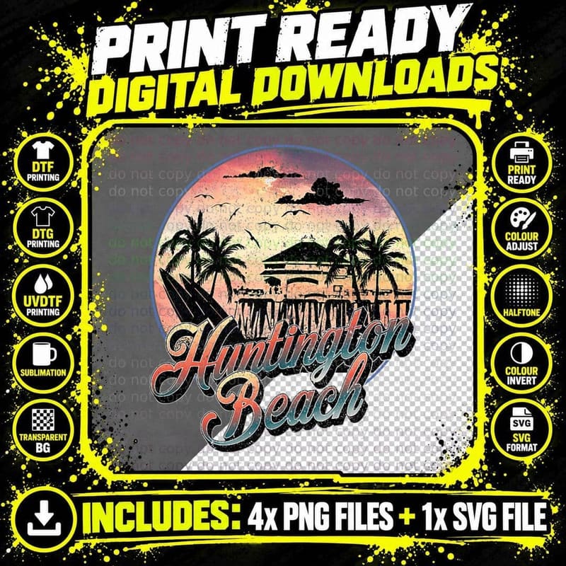 Huntington Beach Pier Vintage Sunset Surfboard S Png SVG Digital Bundle