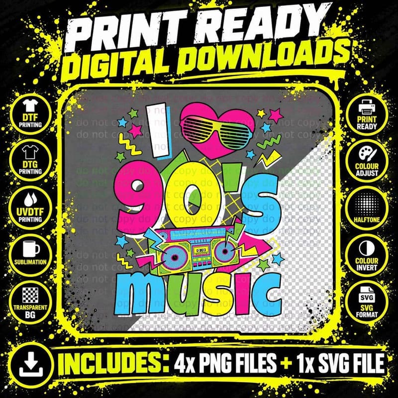 I Love 90s Music 1990s Theme Outfit Nineties 90's Png SVG Digital Bundle