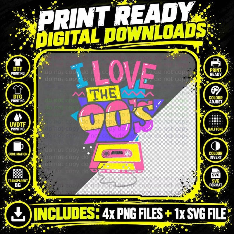 I Love the 90s Nineties Cassette Retro Disco Party B Png SVG Digital Bundle