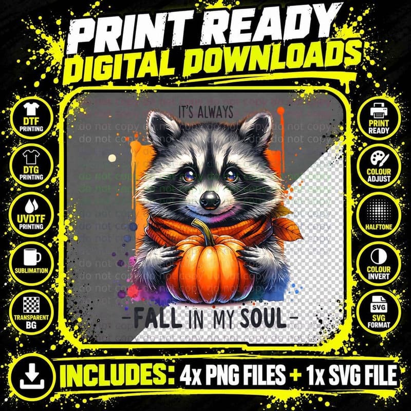 Its Always Fall in My Soul Raccoon, Retro Vintage Png SVG Digital Bundle