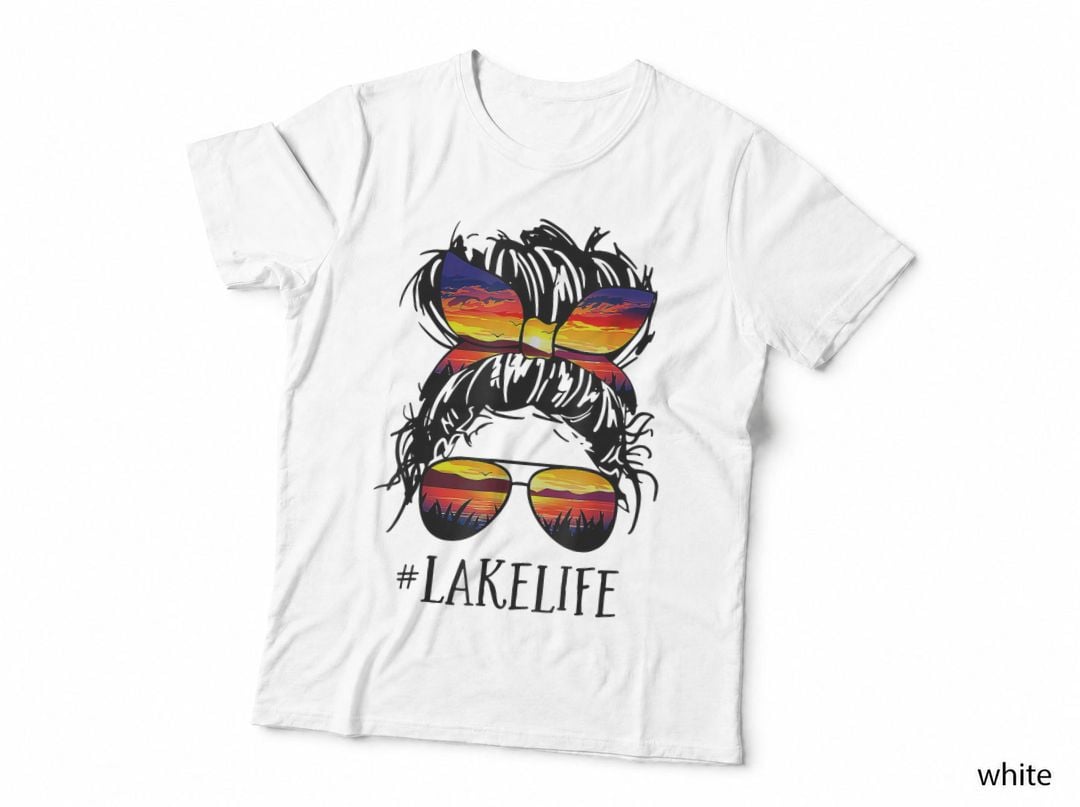 Lake Life Messy Bun Hair Girl Retro Lake Summer T-Shirt