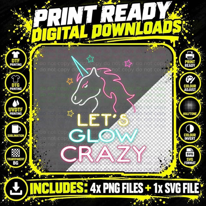Let's Glow Crazy Party T-Shirt, Retro 80s Neon Png SVG Digital Bundle