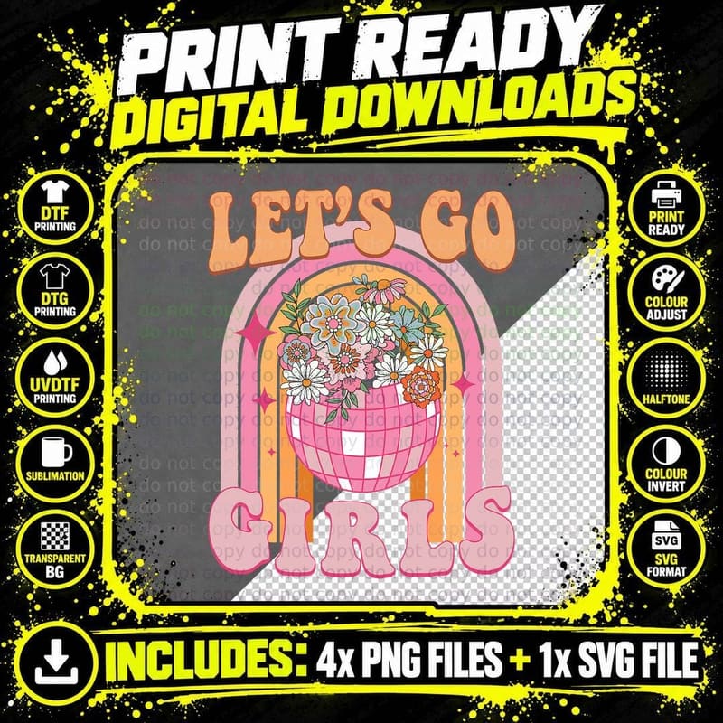 Let's Go Girls Retro Rainbow Cowgirl Disco Bachelorette Png SVG Digital Bundle