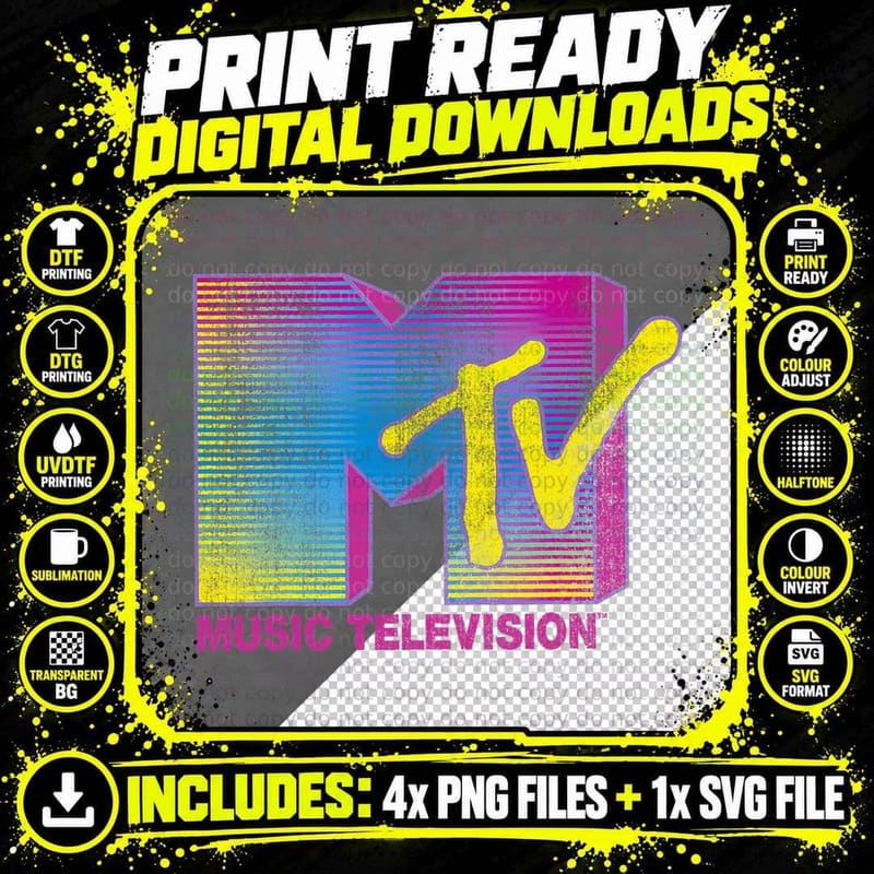MTV Distressed Fluorescent Gradient Logo T-Shirt Png SVG Digital Bundle