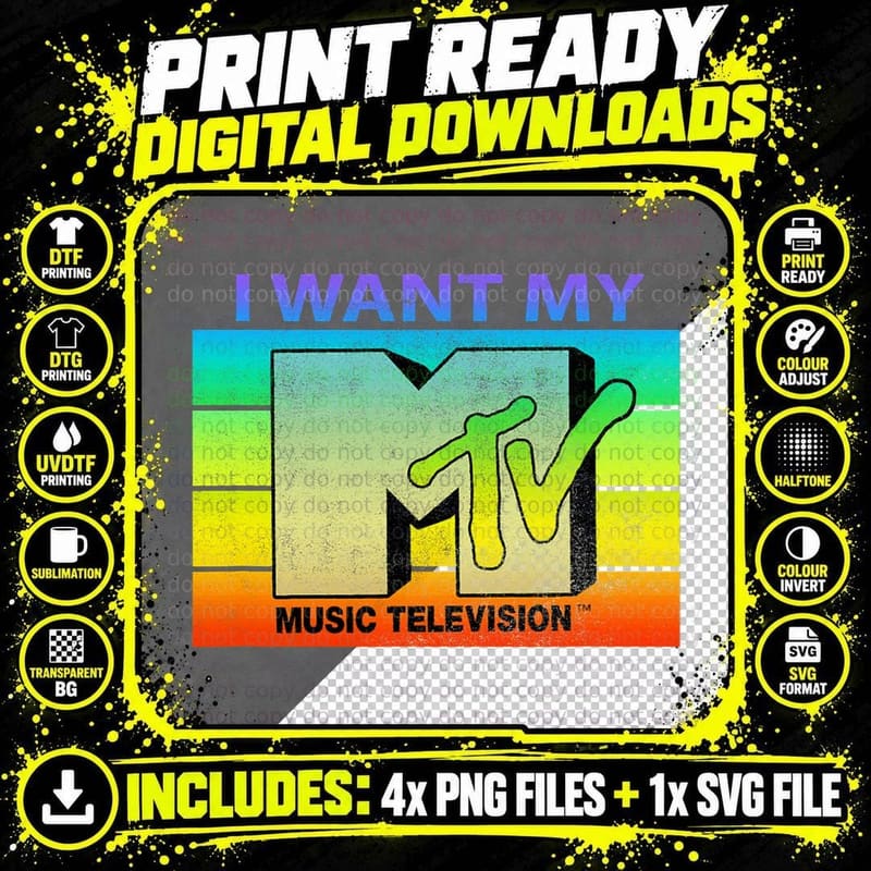 MTV Music Television I Want My MTV Distressed Colorful Png SVG Digital Bundle