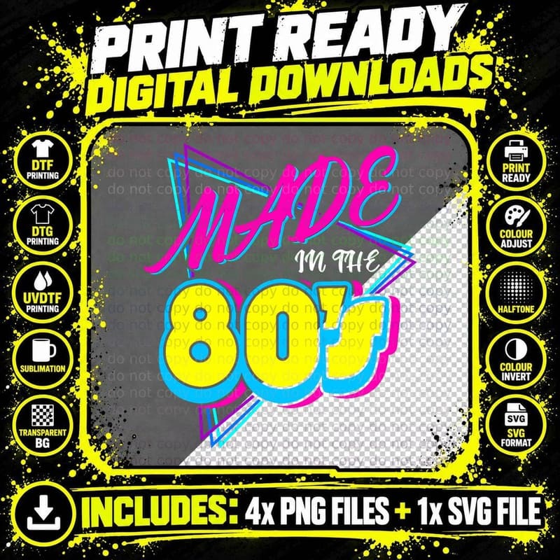 Made N the 80s 1980s Retro Nineteen Eighties Vintage Png SVG Digital Bundle