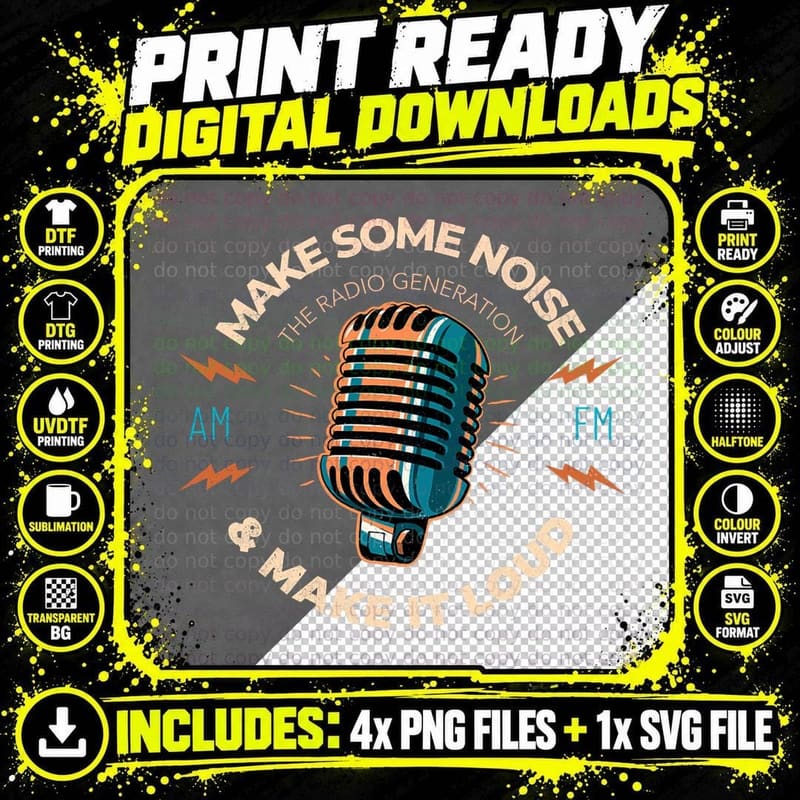 Make Some Noise Radio AMFM Retro Mic Vintage Music Png SVG Digital Bundle