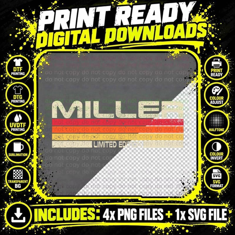 Miller Surname Birthday Family Reunion 80s 90s Sunset Png SVG Digital Bundle