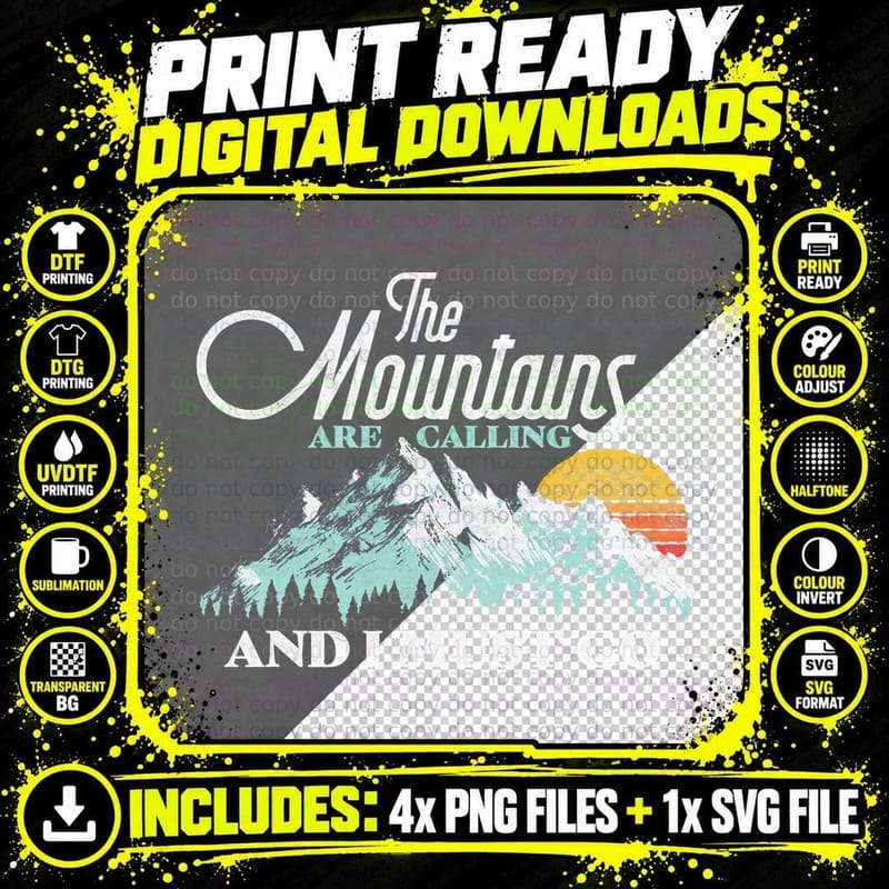 Mountains Are Calling & I Must Go Retro 80s Vibe Graphic Png SVG Digital Bundle