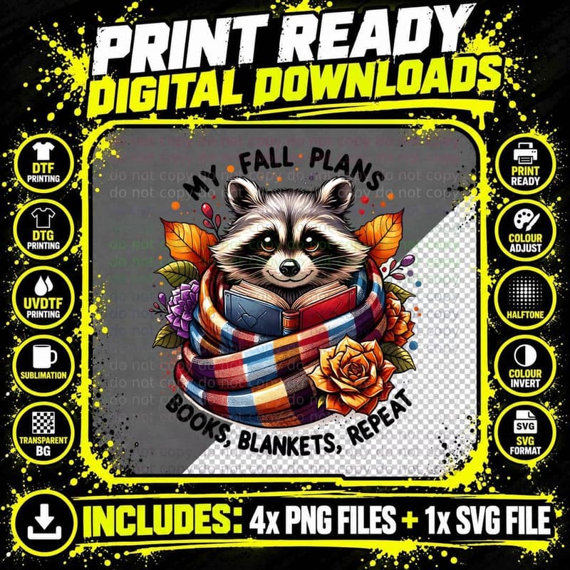 My Fall Plans Books Blanket Repeat Raccoon Png SVG Digital Bundle