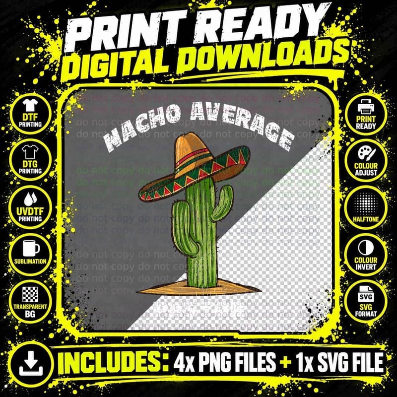 Nacho Average Pastor Pun Retro Cactus Sombrero Art Png SVG Digital Bundle