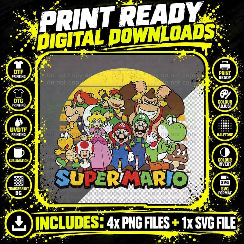 Nintendo Super Mario Group Portrait Vintage Graphic Png SVG Digital Bundle
