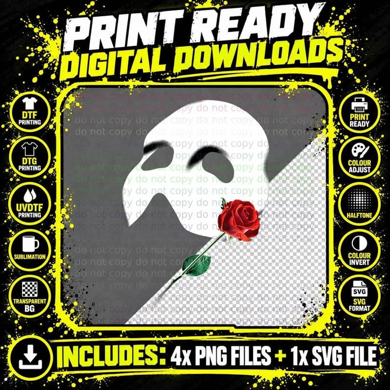 Official 'Phantom of the Opera' Vintage Mask & Rose Png SVG Digital Bundle
