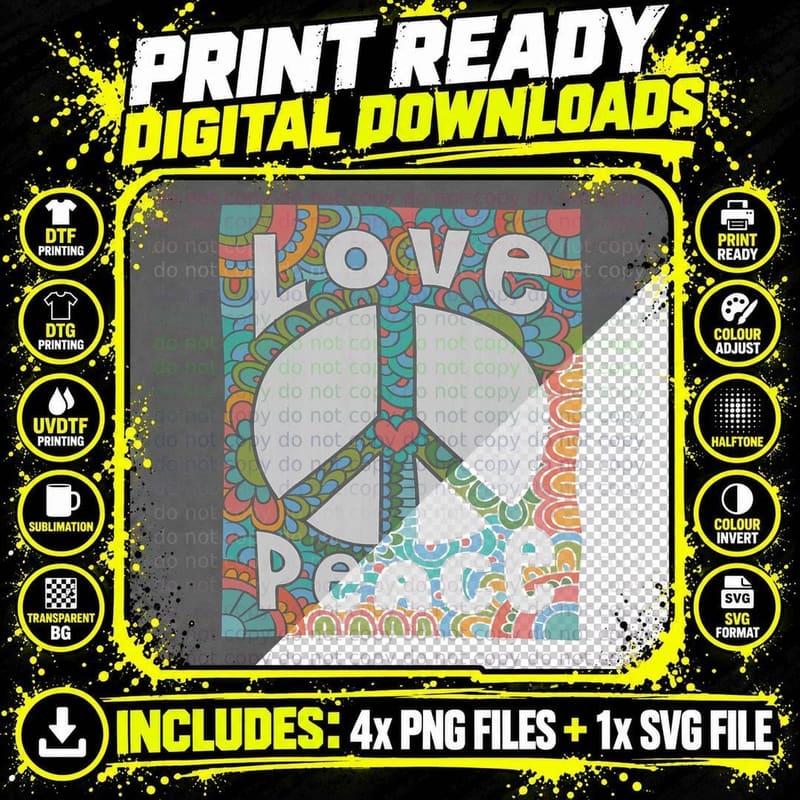 PEACE SIGN LOVE T Shirt 60s 70s Tie Die Hippie Costume Png SVG Digital Bundle