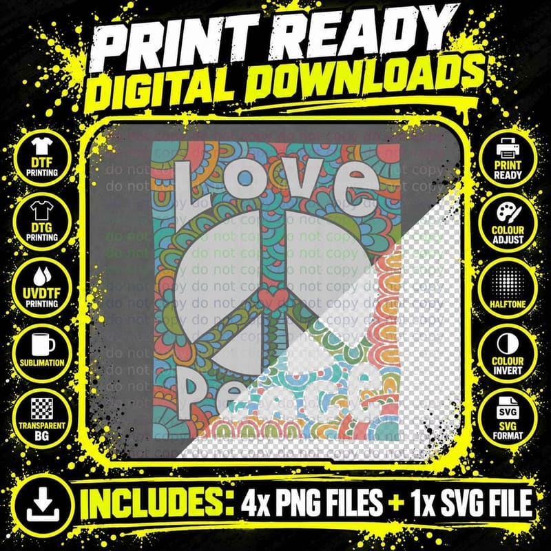PEACE SIGN LOVE T Shirt 60s 70s Tie Dye Hippie Costume Png SVG Digital Bundle