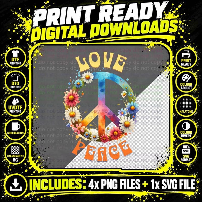 PEACE SIGN LOVE T Shirt 60s 70s Tie Dye Hippie Costume Png SVG Digital Bundle