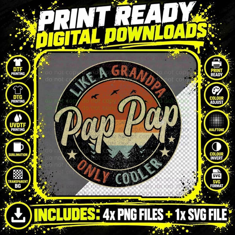 Pap Like a Grandpa Only Cooler Vintage Retro Fathers Day Png SVG Digital Bundle