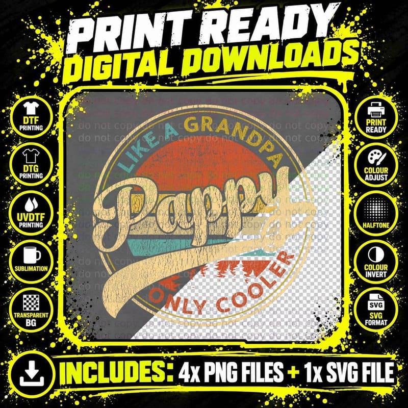 Pappy Like a Grandpa Only Cooler Retro Vintage Fathers Png SVG Digital Bundle