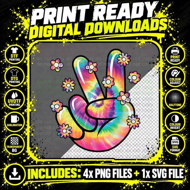 Peace Hand Sign Hippie 60s 70s Disco Party Outfit T-Shirt Png SVG Digital Bundle