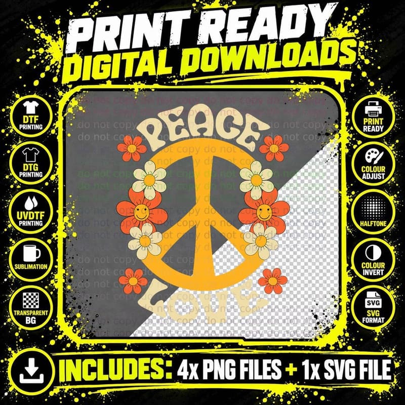 Peace Sign Love 60s 70s Costume 70 Theme Party Groovy Png SVG Digital Bundle