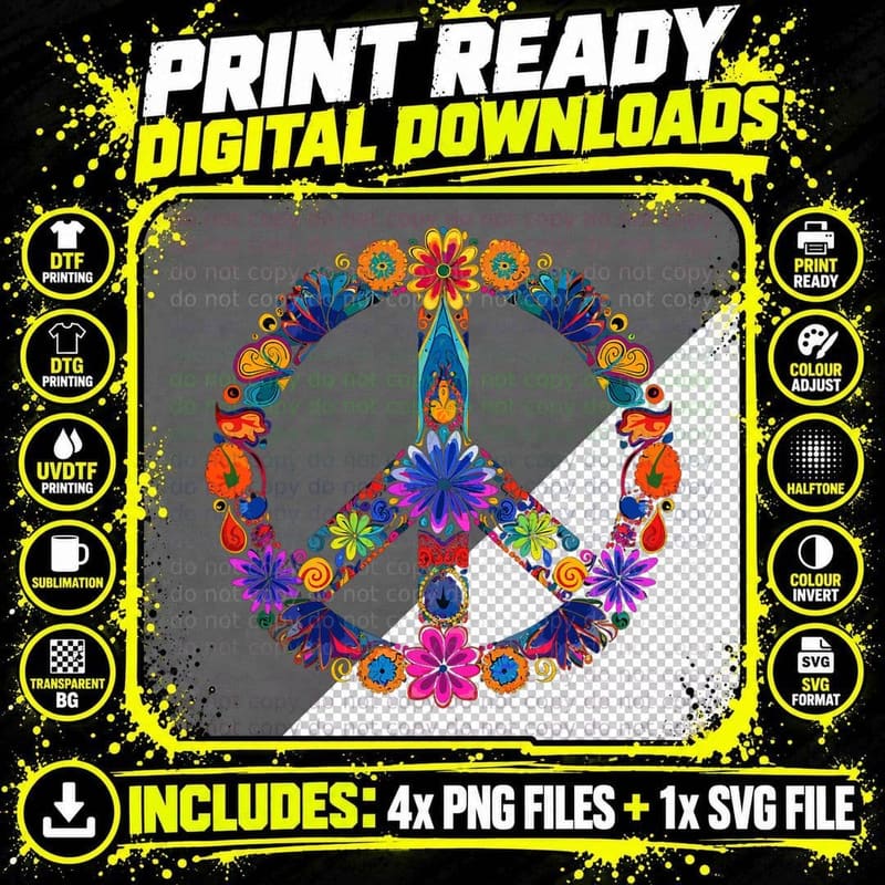 Peace Sign Love 60s 70s Costume Hippie Flowers Groovy Png SVG Digital Bundle