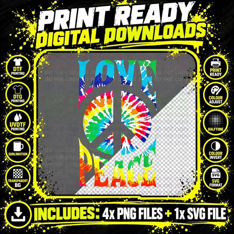 Peace Sign Love T 60s 70s Tie Die Hippie Costume T-Shirt Png SVG Digital Bundle