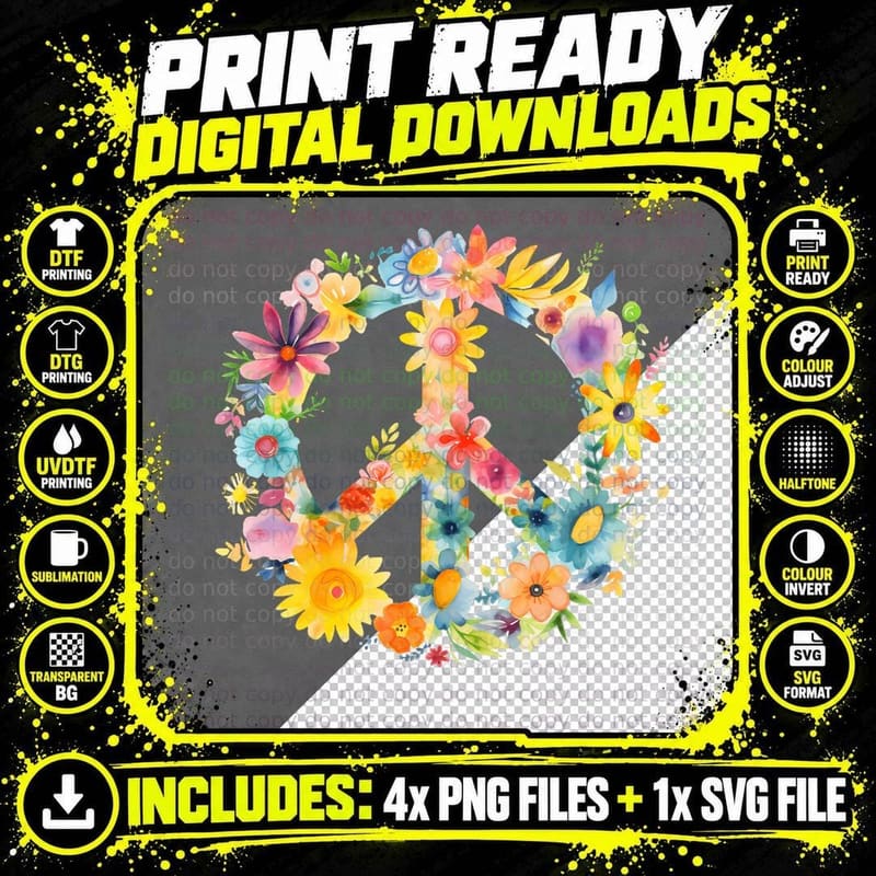 Peace Sign World Love Flowers Hippie Groovy Vibes Png SVG Digital Bundle