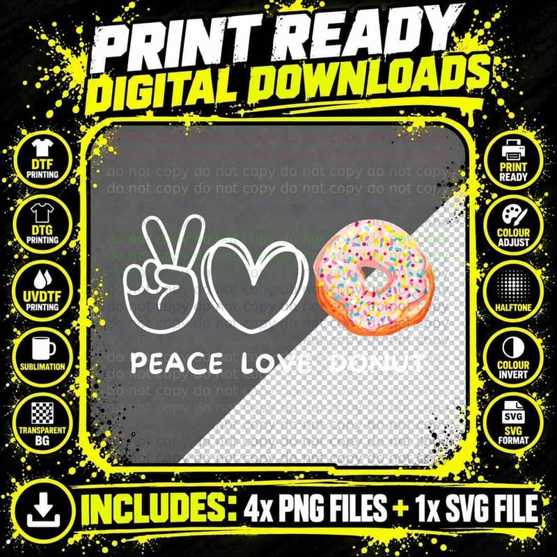 Peace, Love Donuts Retro Donuts Lover Sweets Food Lover Png SVG Digital Bundle