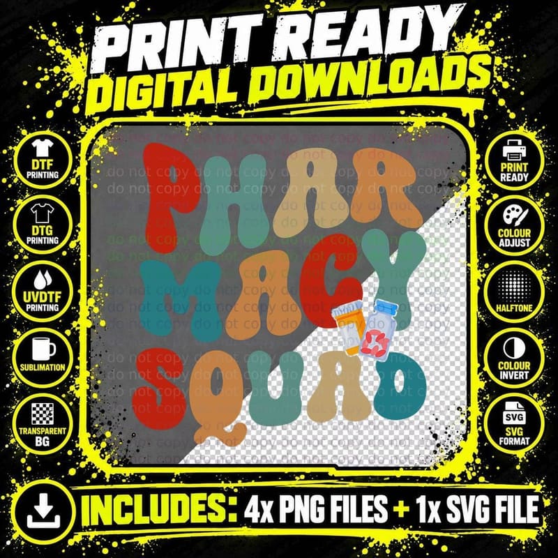 Pharmacy Squad Groovy Design Pharmacy Tech T-Shirt Png SVG Digital Bundle