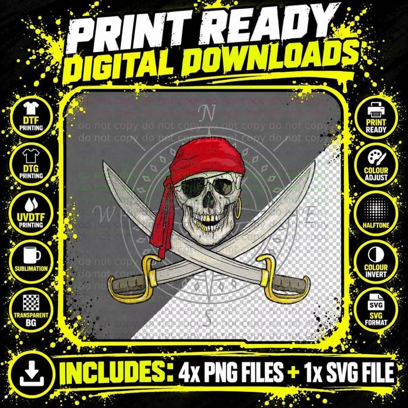 Pirate Skull and Cutlasses Compass Distressed T-Shirt Png SVG Digital Bundle