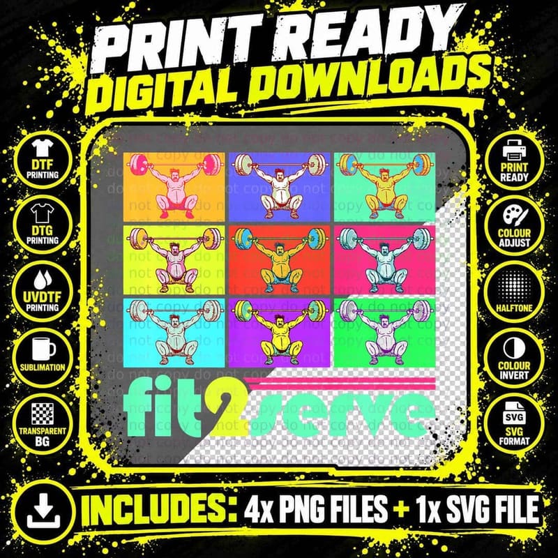 Pop Art 80s Style Fit2serve Weightlifting & Fitness Png SVG Digital Bundle