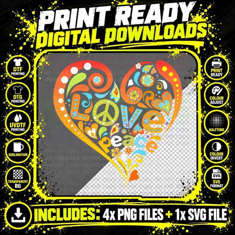 Pretty 60s 70s Hippie Peace Love Heart Peace Sign T-Shirt Png SVG Digital Bundle