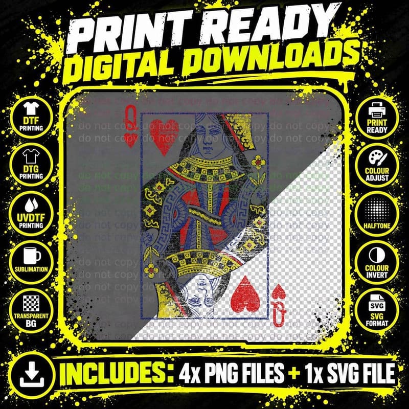 Queen of Hearts Playing Card Costume Poker Distressed Png SVG Digital Bundle