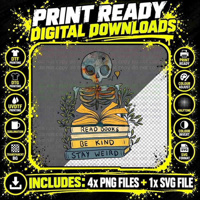 Read Books Be Kind Stay Weird Vintage Retro Bookworm Png SVG Digital Bundle