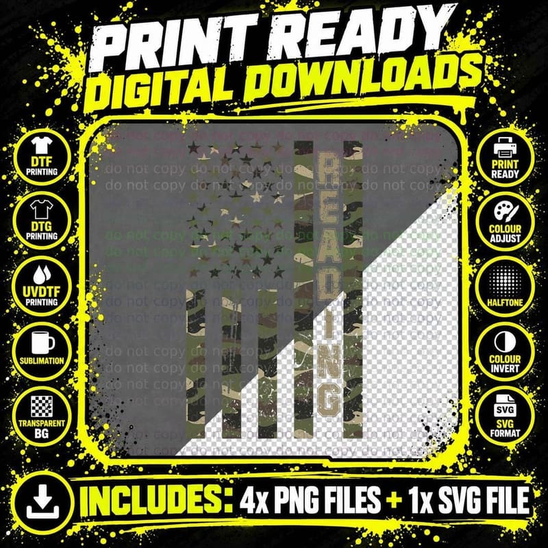 Reading United States Distressed Camo W US Flag T-Shirt Png SVG Digital Bundle