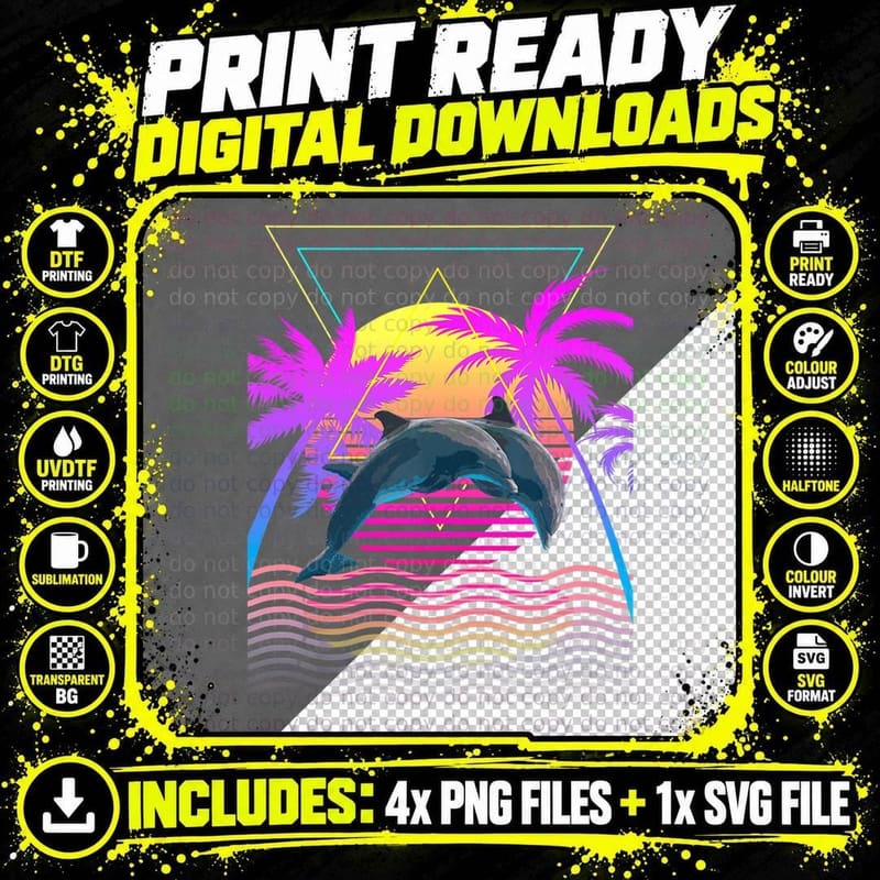Retro 1980s 1990s Dolphins Palm Trees Sunset Beach Art Png SVG Digital Bundle