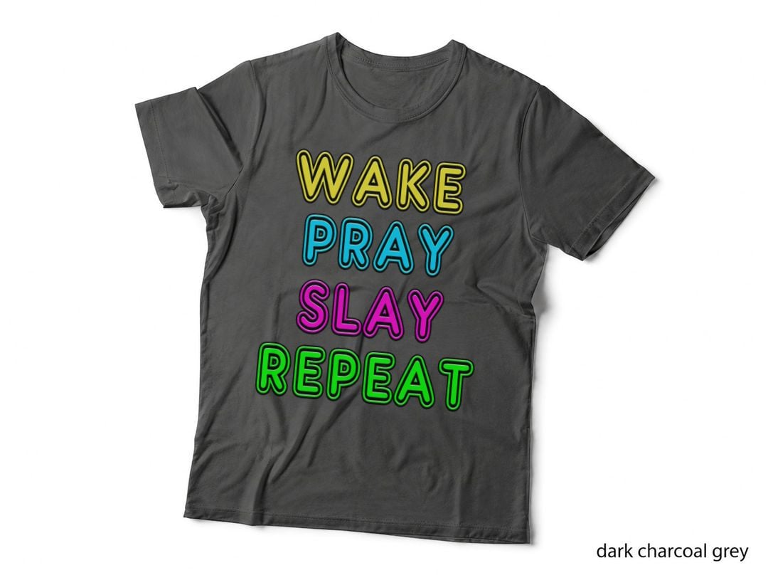 Retro 80's Vintage Neon Sign Wake Pray Slay Repeat T-Shirt