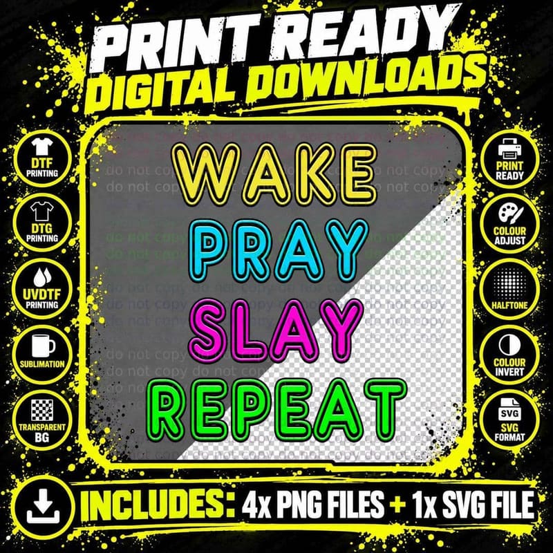 Retro 80's Vintage Neon Sign Wake Pray Slay Repeat Png SVG Digital Bundle