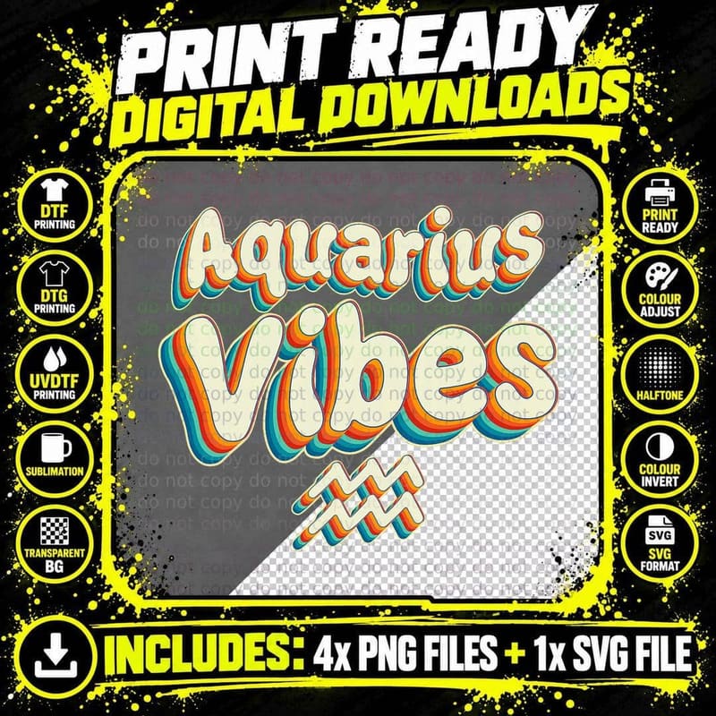 Retro Aquarius Vibes Aquarius Zodiac Birthday Png SVG Digital Bundle
