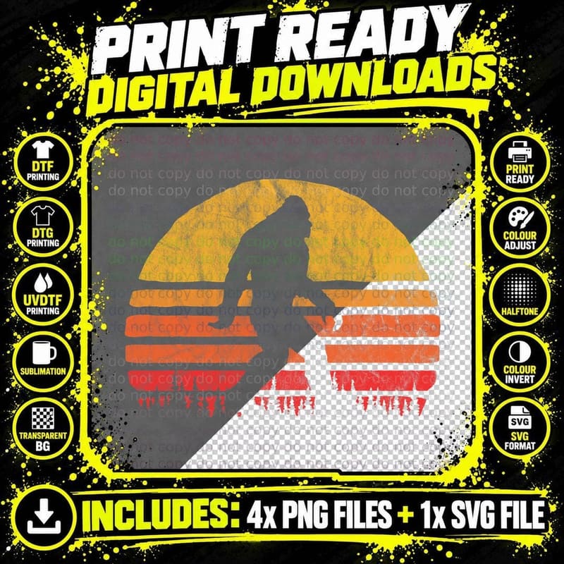 Retro Bigfoot Silhouette Sun Believe! Original 80's Png SVG Digital Bundle