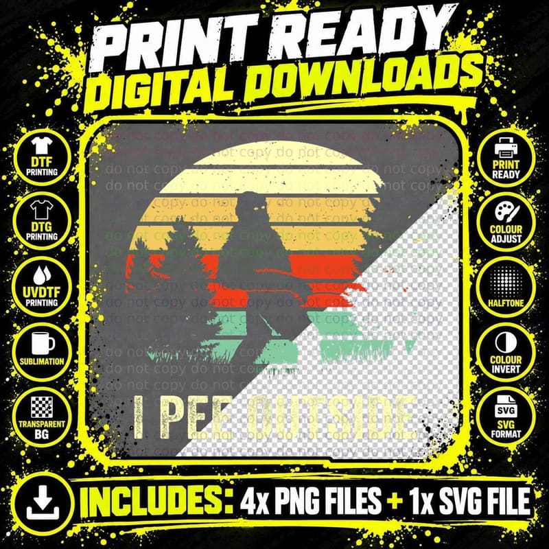 Retro Bigfoot Yeti Silhouette I Pee Outside Sasquatch Png SVG Digital Bundle