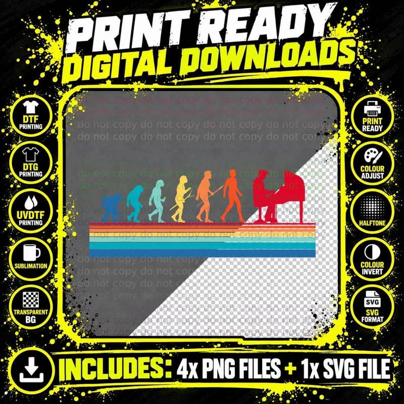 Retro Evolution Piano Player Pianist Classical Music Png SVG Digital Bundle