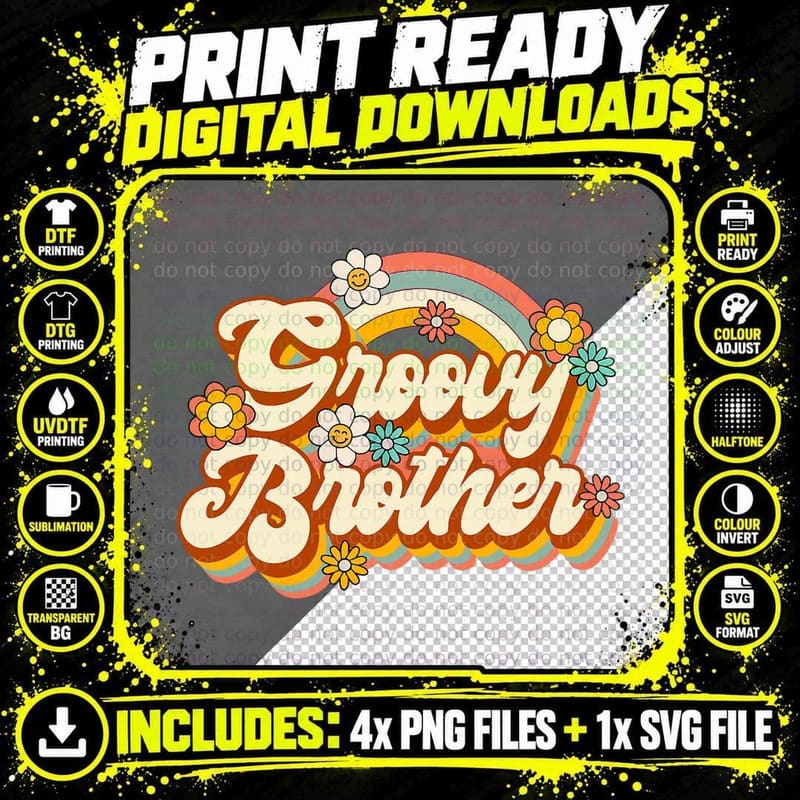 Retro Groovy Brother Family Birthday 60s 70s Hippie Png SVG Digital Bundle