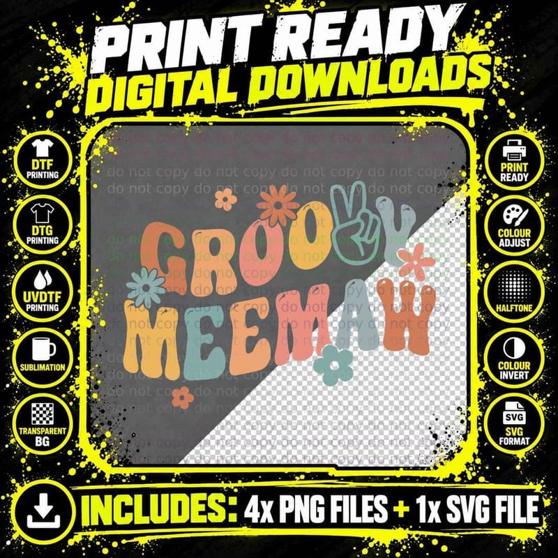 Retro Groovy Meemaw Flower Power Hippie Family Groovy Png SVG Digital Bundle