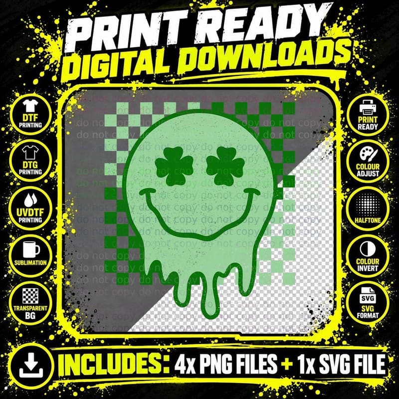 Retro Groovy St Patricks Day Hippie Smile Face Shamrock Png SVG Digital Bundle