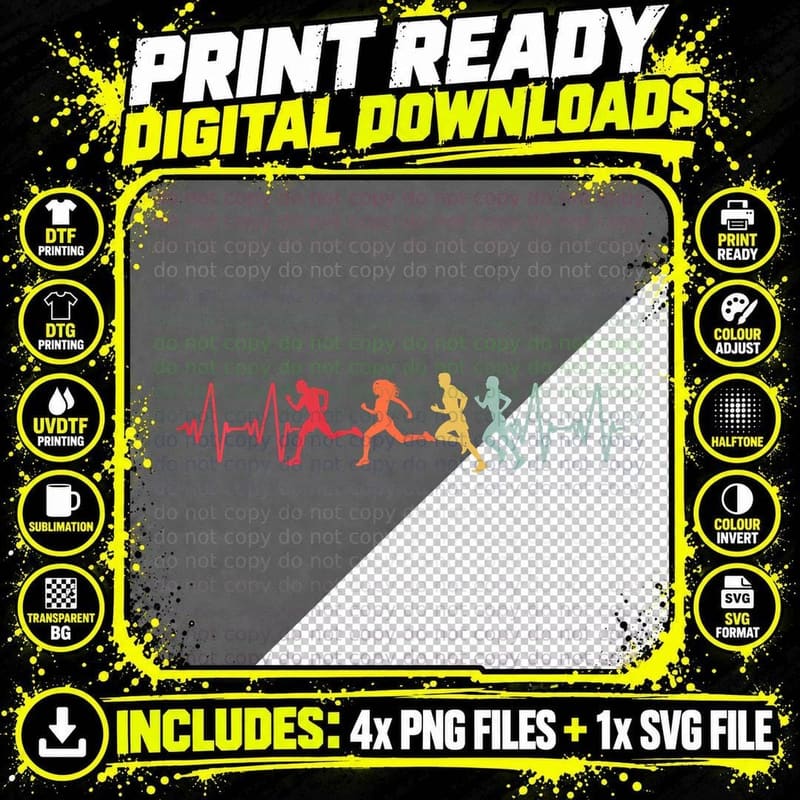 Retro Heartbeat Marathon Running Runner Half Miles Run Png SVG Digital Bundle