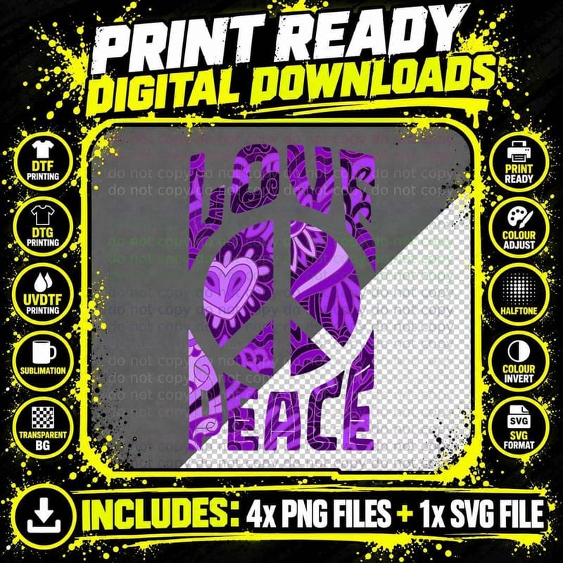 Retro Love Peace Sign Groovy 60s 70s Hippie Peace Lover Png SVG Digital Bundle